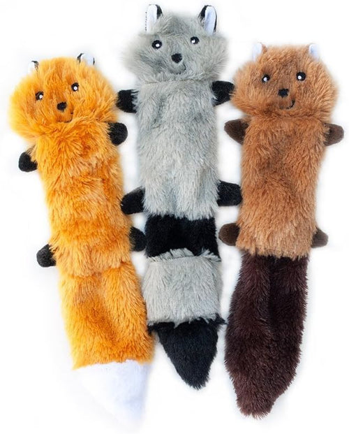 Durable crinkle plush dog toy with built-in squeakers and no stuffing mess! Perfect for small & medium dogs. Choose from raccoon or squirrel designs. Shop now!