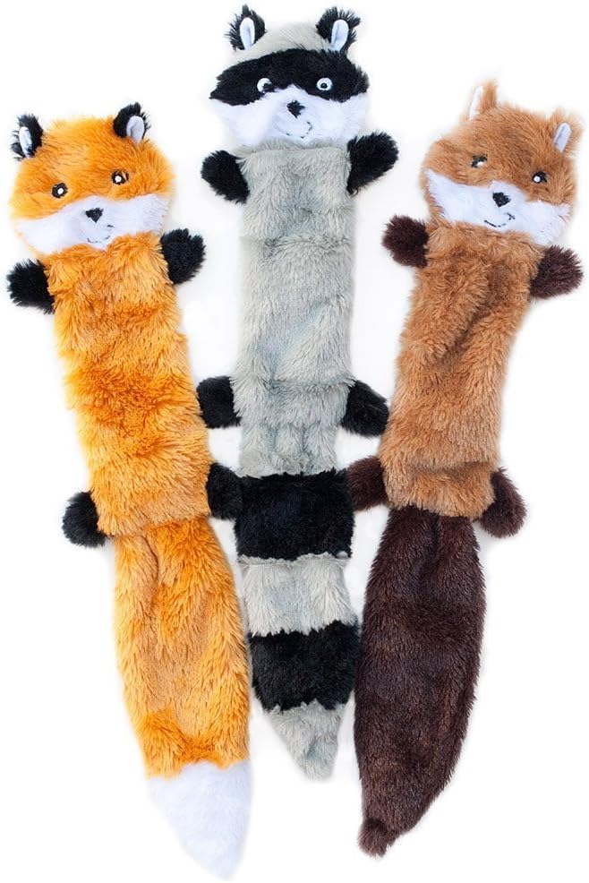 Durable crinkle plush dog toy with built-in squeakers and no stuffing mess! Perfect for small & medium dogs. 
Choose from raccoon or squirrel designs. Shop now!